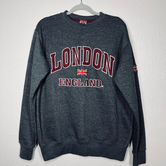 KK Apparel Embroidered London England Union Jack Gray Crew Neck Sweatshirt - Picture 1 of 8